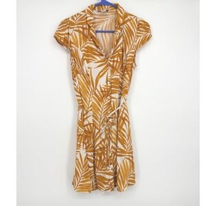 Forever 21 Contemporary Mustard Yellow Palm Print Rayon Button Front Dress Small